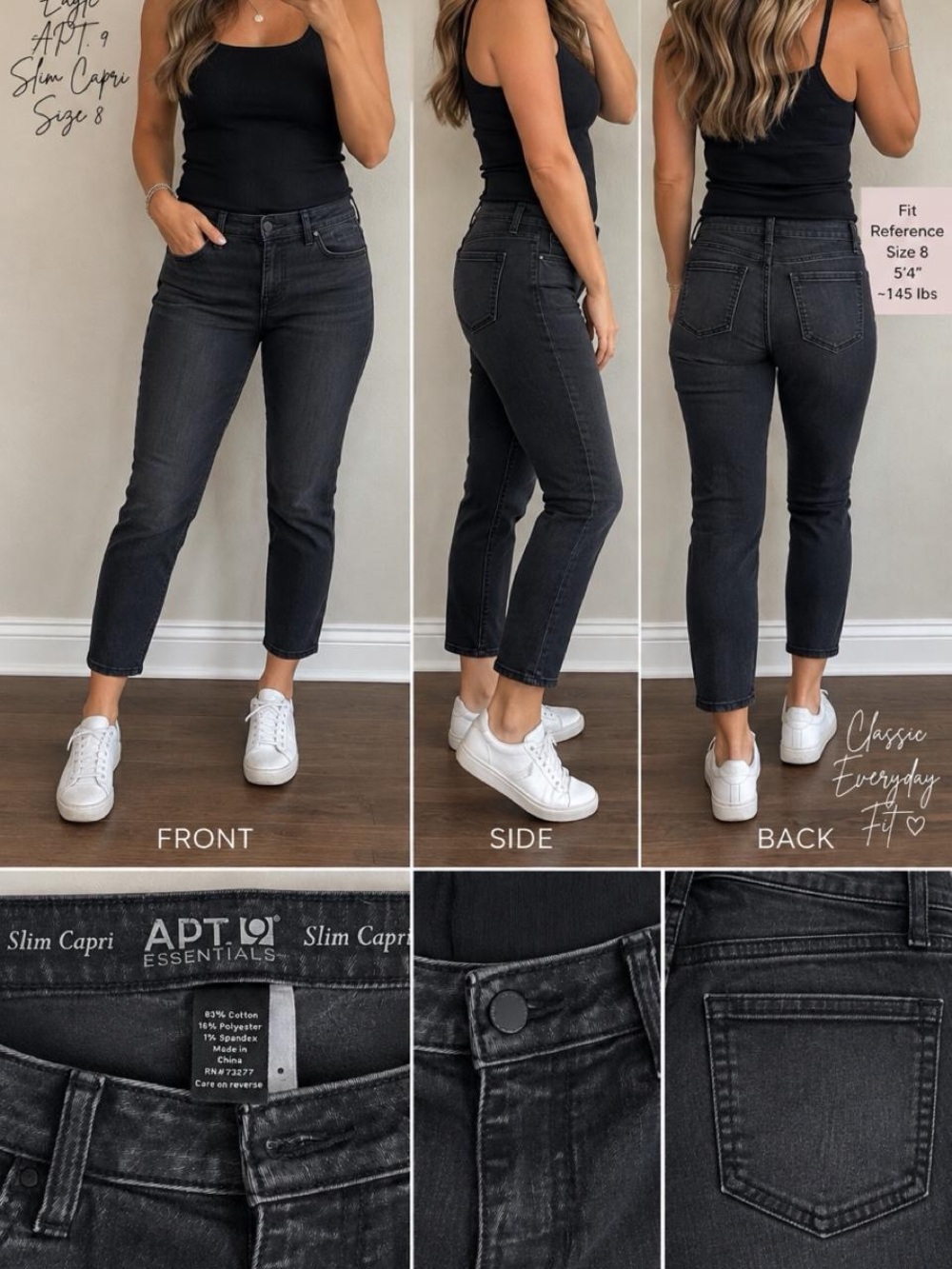 APT. 9 Essentials Slim Capri Faded Black Stretch Jeans Size 8
